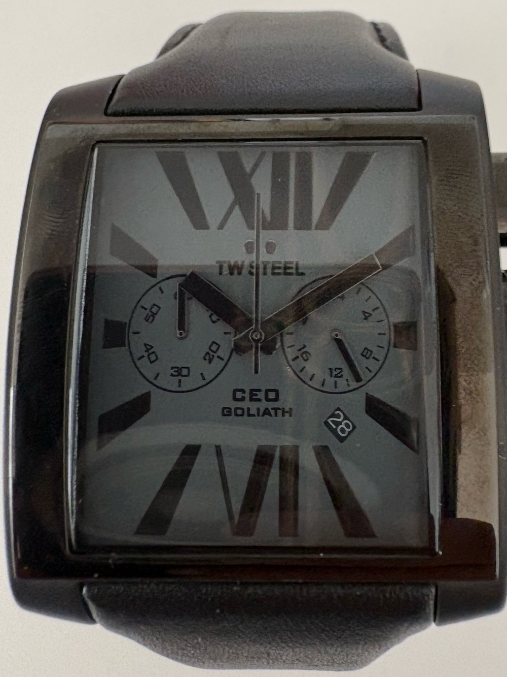 TW Steel Black Leather Strap Rectangular Chronograph Watch